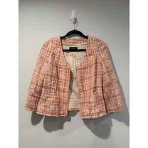 Talbots Tweed Blazer Womens 6 Pink Open Front 3/4 Sleeve Preppy Pockets Career